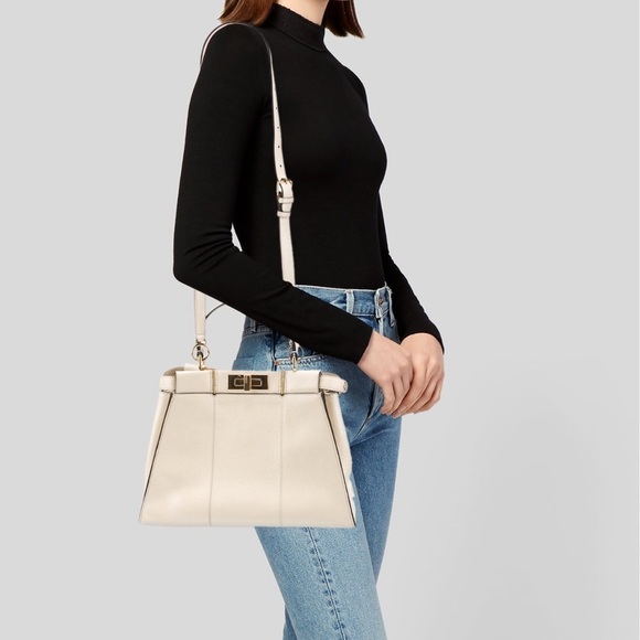 FENDI Agnello Old Shine Medium Peekaboo Iconic Satchel Camelia Cream Gold H/W - Picture 1 of 11